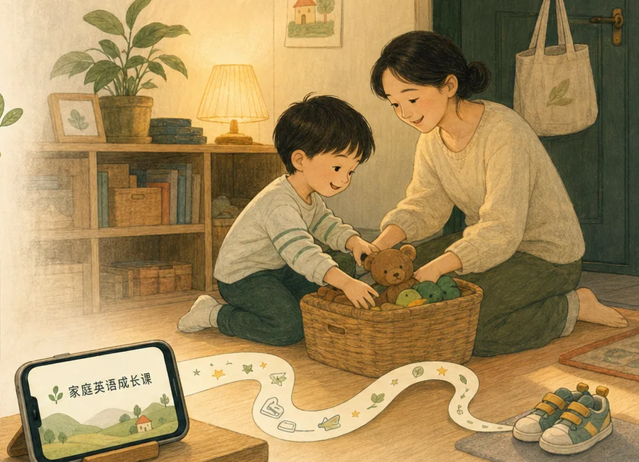 晚间,家长和孩子一起收拾玩具