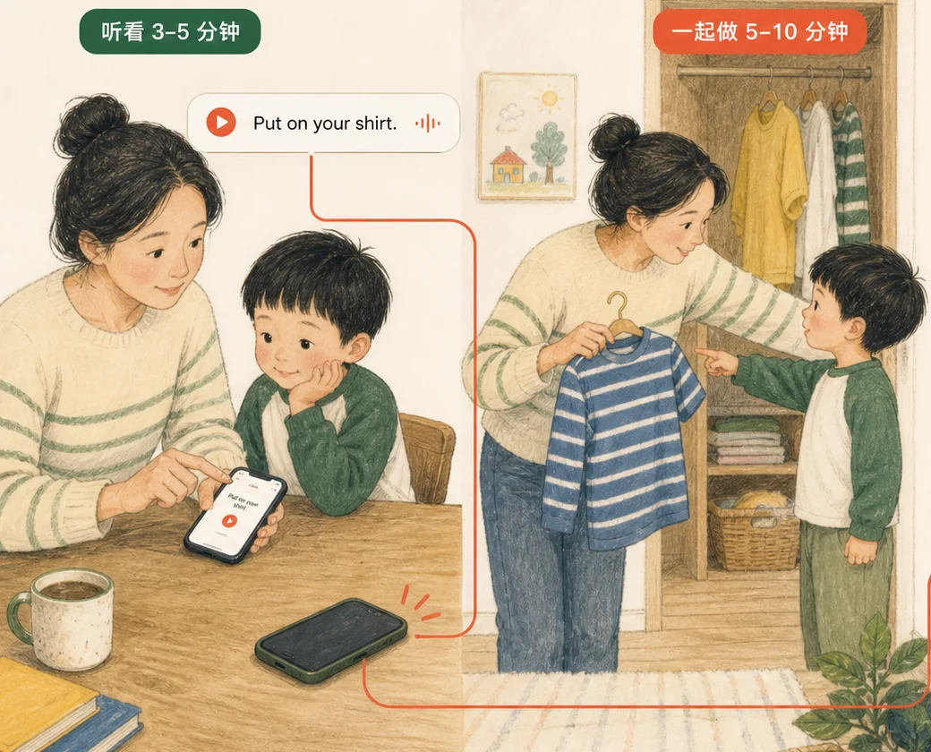家长先播放一句英语,再和孩子一起挑选衣服